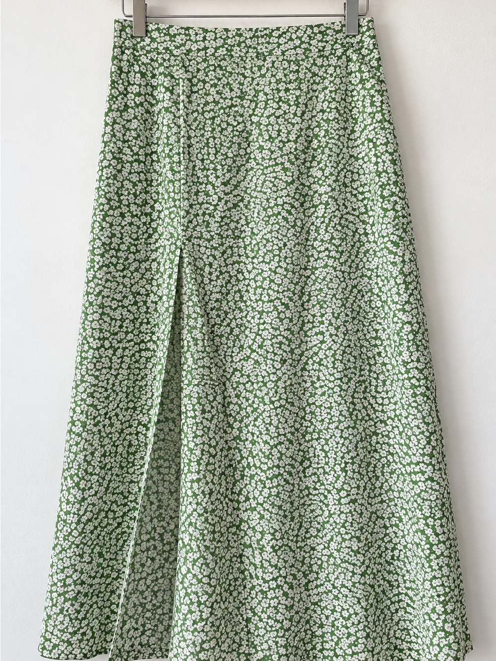Green & White Ditsy Floral Midi Skirt with Slit Cottagecore Boho Feminine